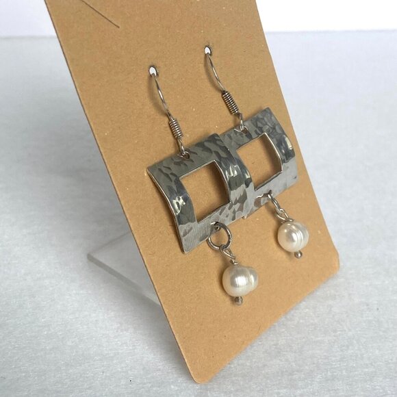 Sterling Silver 925 Square Hammered Baroque Pearl Dangle Drop Earrings - Picture 4 of 16